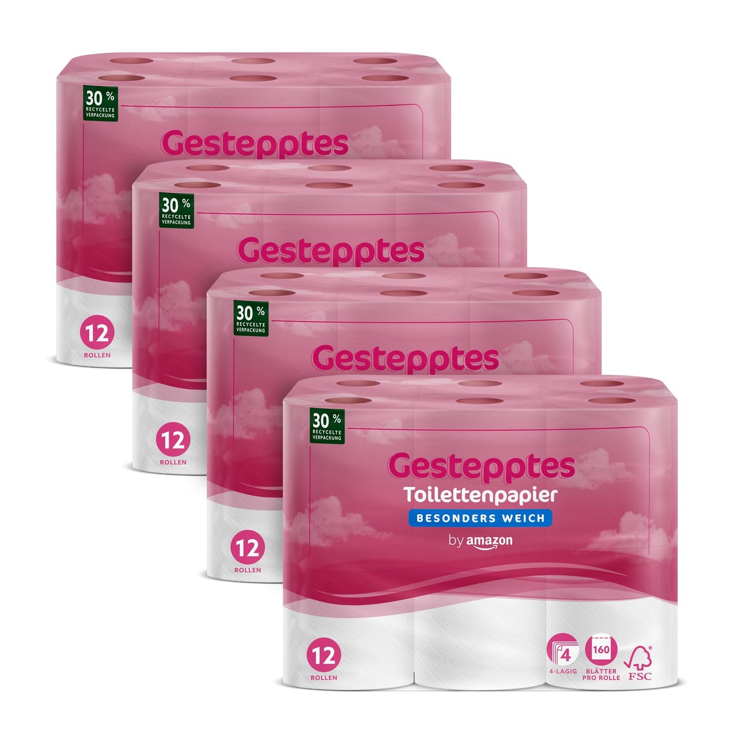 by Amazon Toilettenpapier, 4-lagig Gestepptes, Besonders Weich, 48 Rollen (12 Rollen, 4-er Pack), 160 Blätter pro Rolle, FSC-Zertifiziert