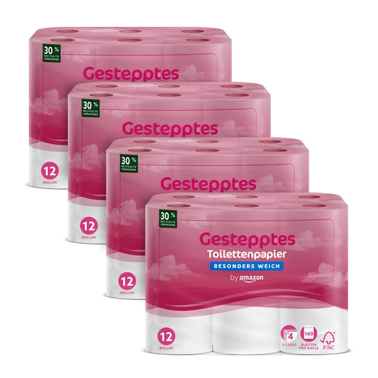 by Amazon Toilettenpapier, 4-lagig Gestepptes, Besonders Weich, 48 Rollen (12 Rollen, 4-er Pack), 160 Blätter pro Rolle, FSC-Zertifiziert