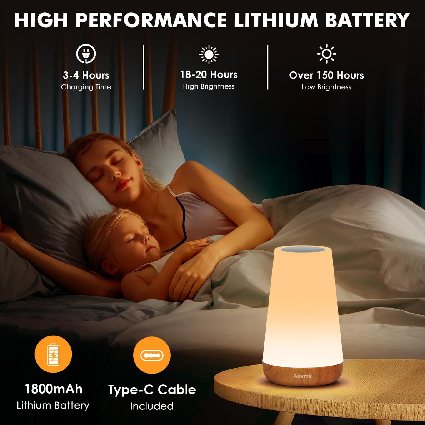 Auxmir Nachttischlampe Nachtlicht Touch Dimmbar mit 13 Farben und 4 Modi, LED Tischlampe USB Aufladbar mit Fernbedienung, Nachtlampe mit Timing Funktion für Schlafzimmer Wohnzimmer, Hellbraun