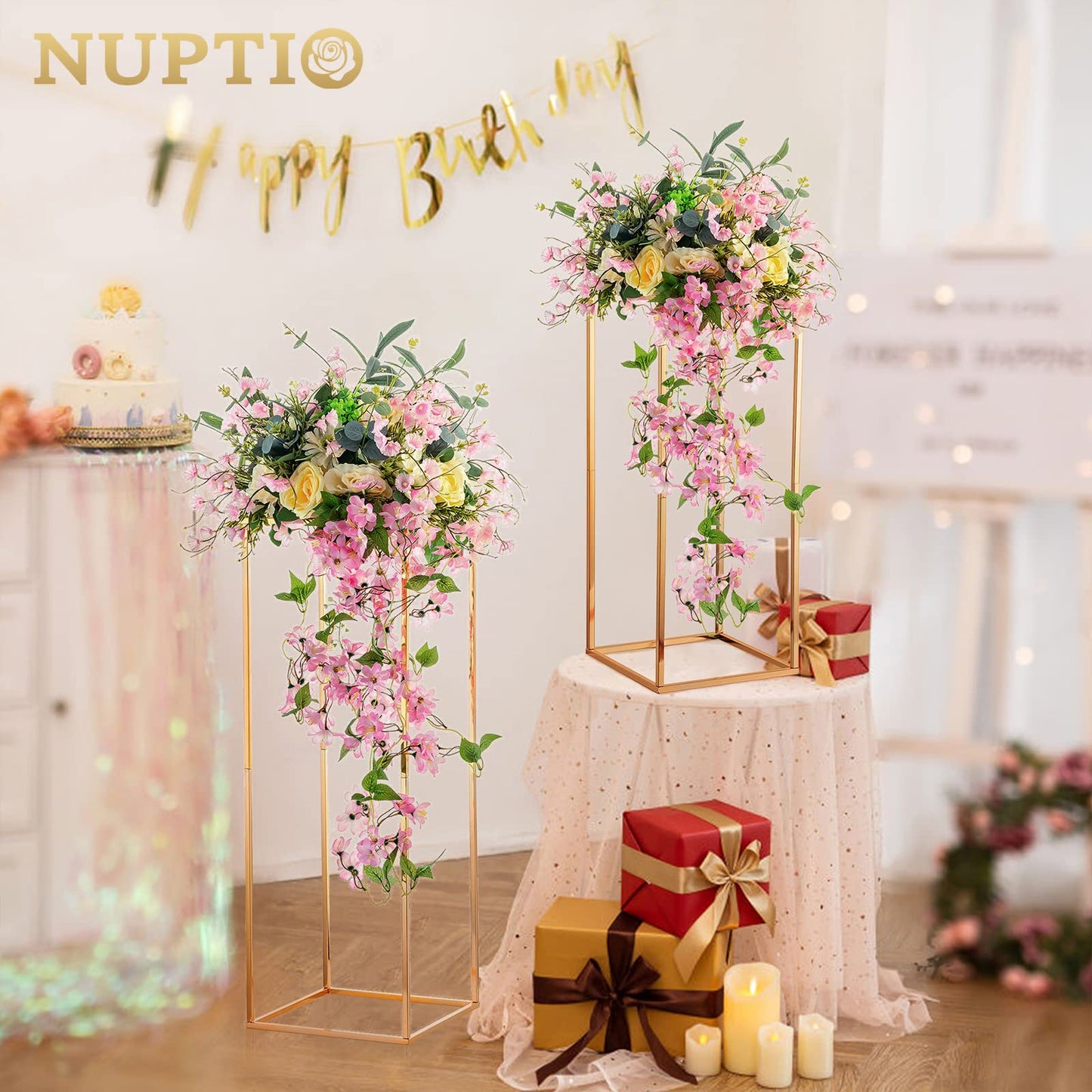 NUPTIO 2 Stück Goldvasen für Hochzeit Herzstück Tische, Metall Blumenboden Vase Säule Blumenständer, 80cm Hohe Geometrische Blumenvase, Rechteckige Blumen Display Rack für Zuhause Party Hochzeit