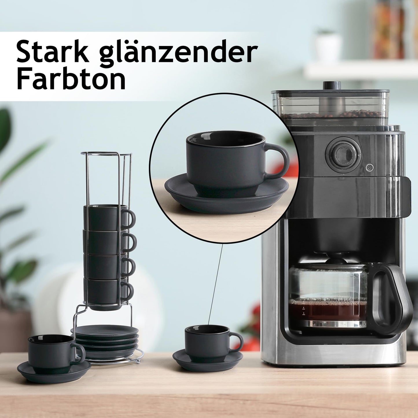 MIAMIO - 6 x 75 ml Espressotassen Set/Espresso Tassen Set mit Untertasse & Ständer - Kaffeetassen Set 6er Kaffeebecher Keramik - Le Papillon Kollektion (Schwarz)