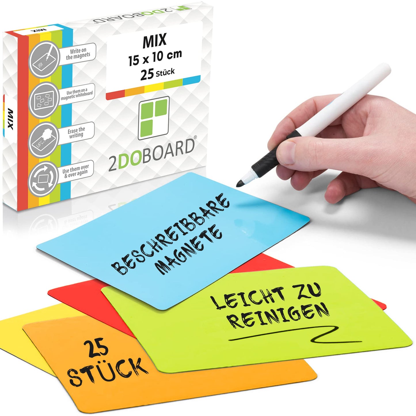 2DOBOARD Beschreibbare Magnete 15 x 10 cm für Kanban Board oder Scrum Tafel - 25 Stück - Scrum Karten für Whiteboard - Magnete zum beschriften - Magnetic Notes - Kanban Karten (Mix 5 Farben)