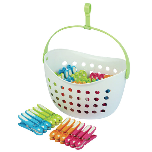 Laguelle Korb mit 48 rutschhemmenden Klammern – Französisches Produkt – Korb weiß – verschiedene Klammern (Grün, Blau, Orange, Rosa)