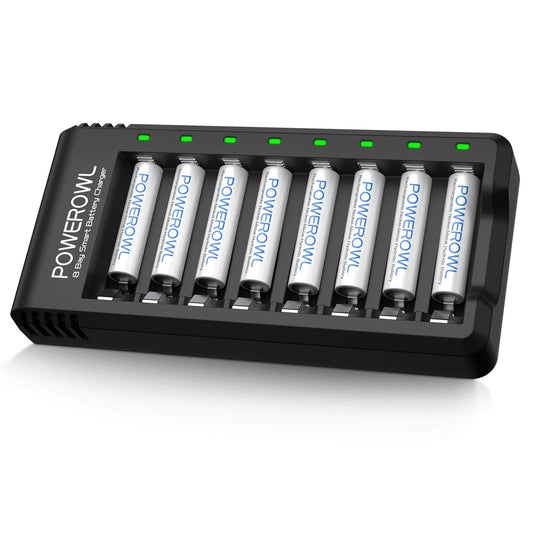 POWEROWL AAA Akku 1000mah 8 Stück mit Akku Ladegerät, AAA Akkuladegerät 8 Steckplatz Anschluss Universal Batterieladegerät für NI-MH NI-CD AA AAA Wiederaufladbare Batterien