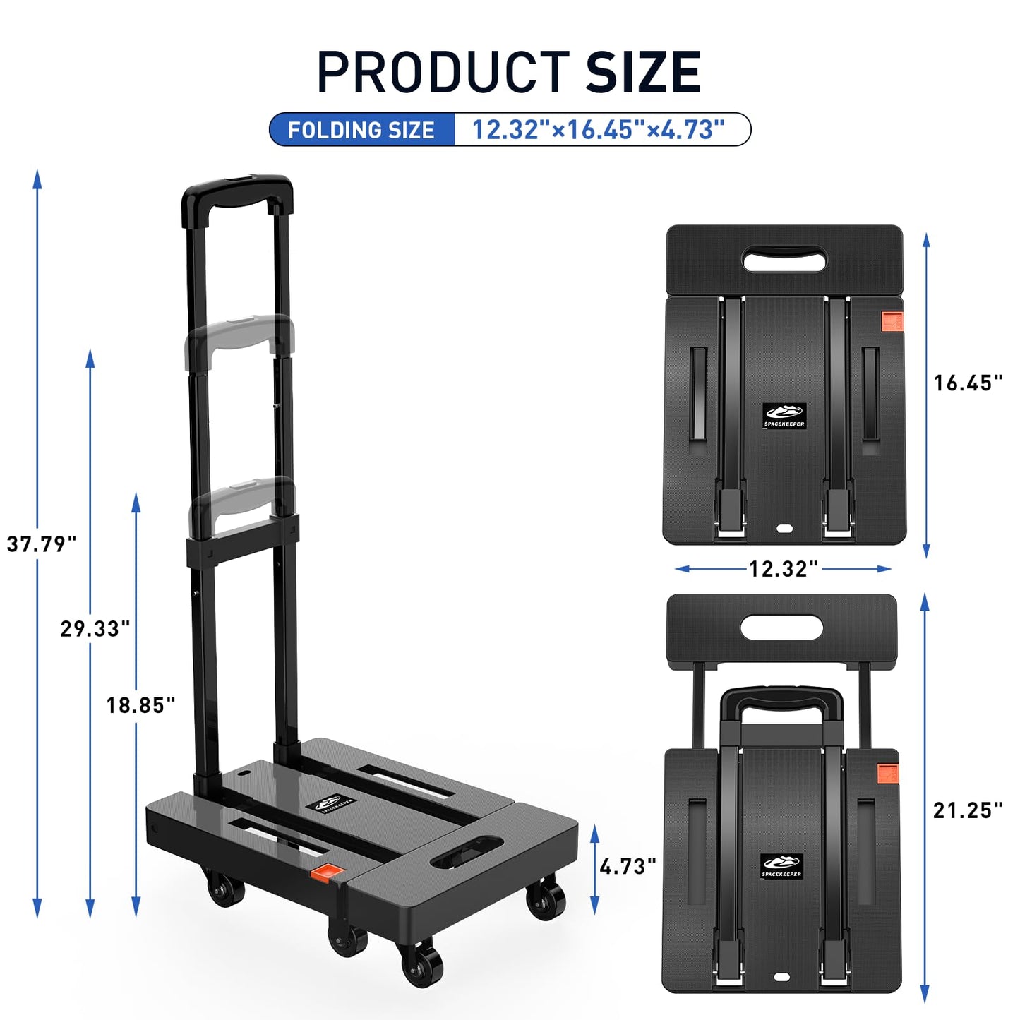 SPACEKEEPER Klappbarer Handwagen, 227KGS Schwerlast-Plattformwagen mit 6 Rädern und 2 elastischen Seilen für Gepäck, Reisen, Auto, Einkaufen, Umzug und Büro, Schwarz