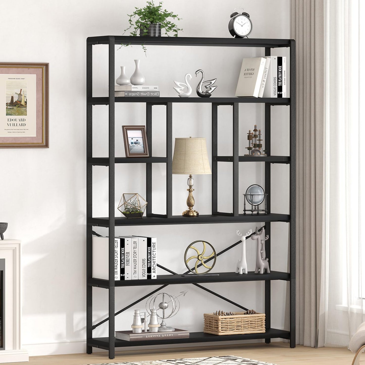 LVB Bücherregale mit 6 Ebenen Regale Wohnzimmer Standregal Industrie Bücherregale für Wohnzimmer Arbeitszimmer Küche 120 x 30 x 180 cm Regal Vintagebraun Schwar