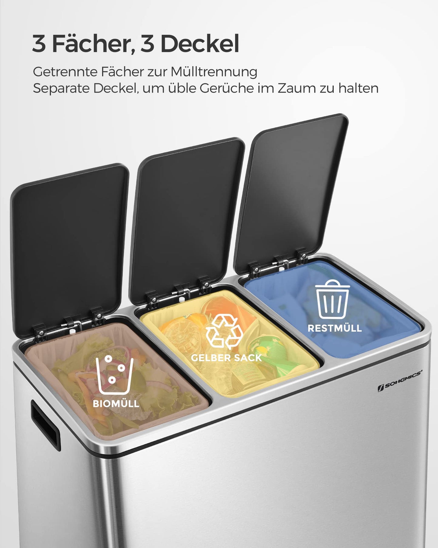 SONGMICS Mülleimer Küche, 3 x 18 L, Mülltrennsystem 3 Fächer, inklusive 15 Müllbeutel, Abfalleimer, Treteimer, für recycelbare Abfälle, Biomüll, mit Deckel, metallicsilber-tintenschwarz LTB54NL