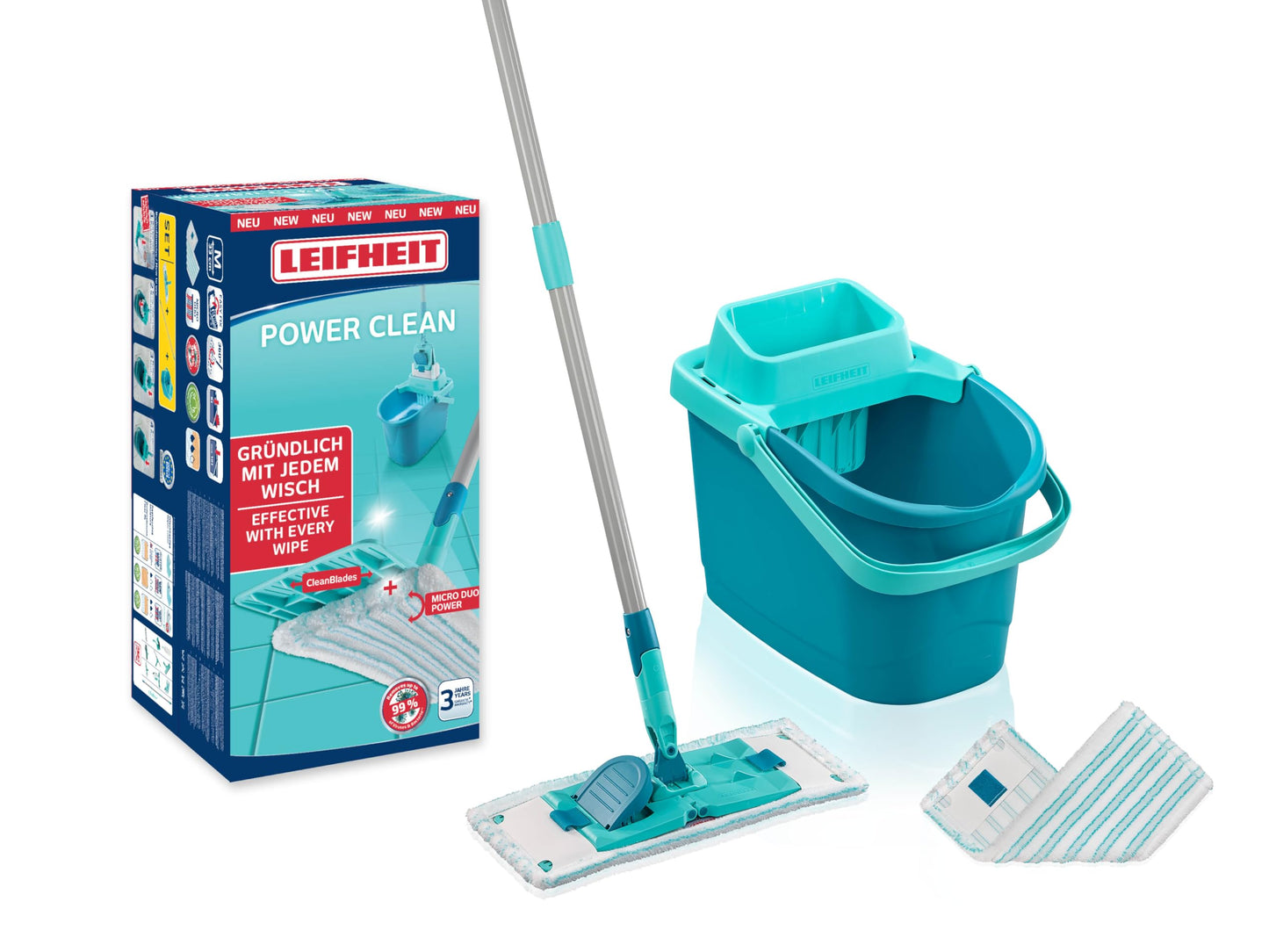 Leifheit Set POWER CLEAN, Wischer für Alle, rückenschonender Bodenwischer mit Reinigungsklingen, Wischtuchpresse, Wischmopp Set mit Eimer und 2x Mikrofaser Wischbezüge für alle Hartböden, Click-System