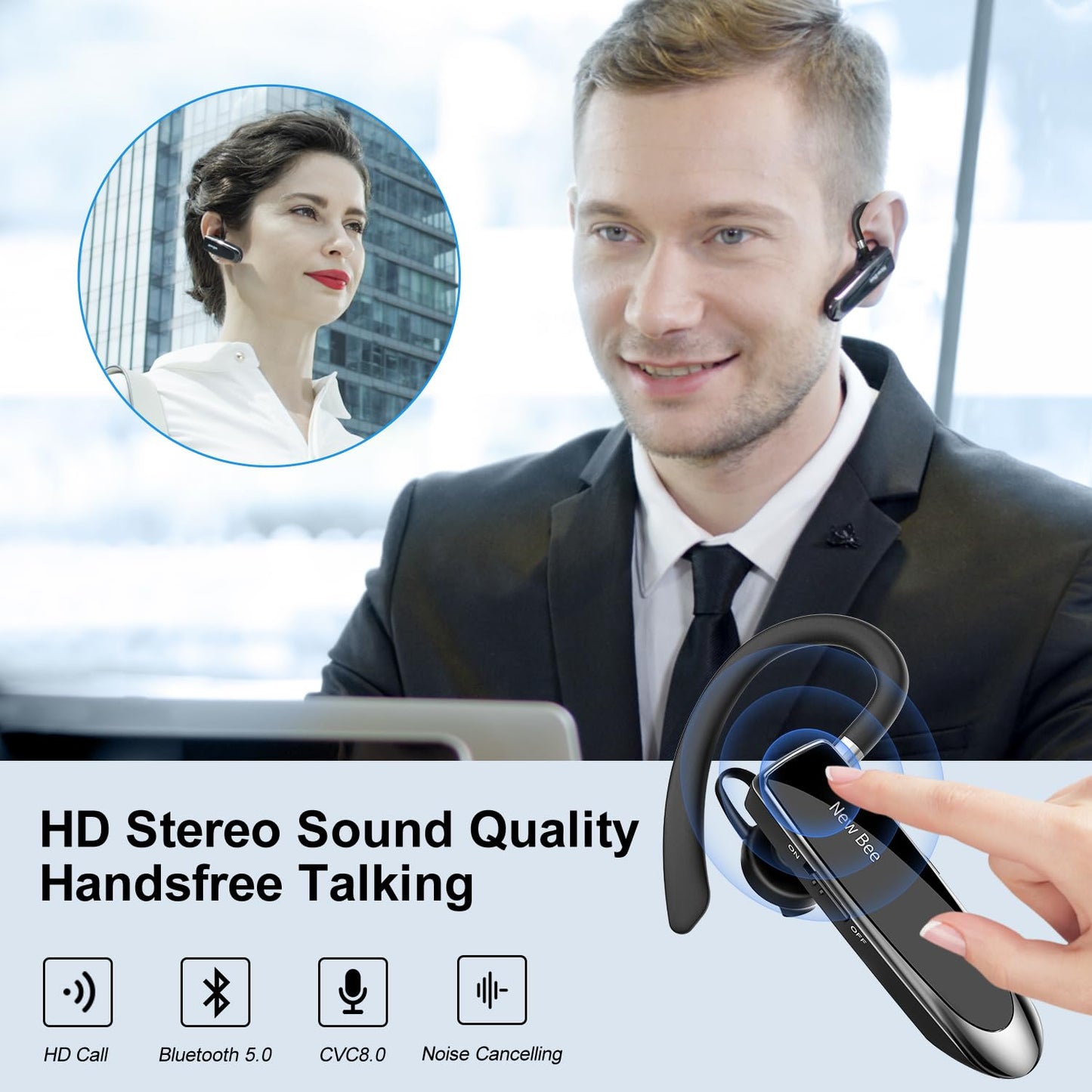 New Bee Bluetooth Headset Wireless Freisprech Telefon Bluetooth-Headset mit Mikrofon für iPhone Samsung Huawei mit 60 Tage Standby Schwarz