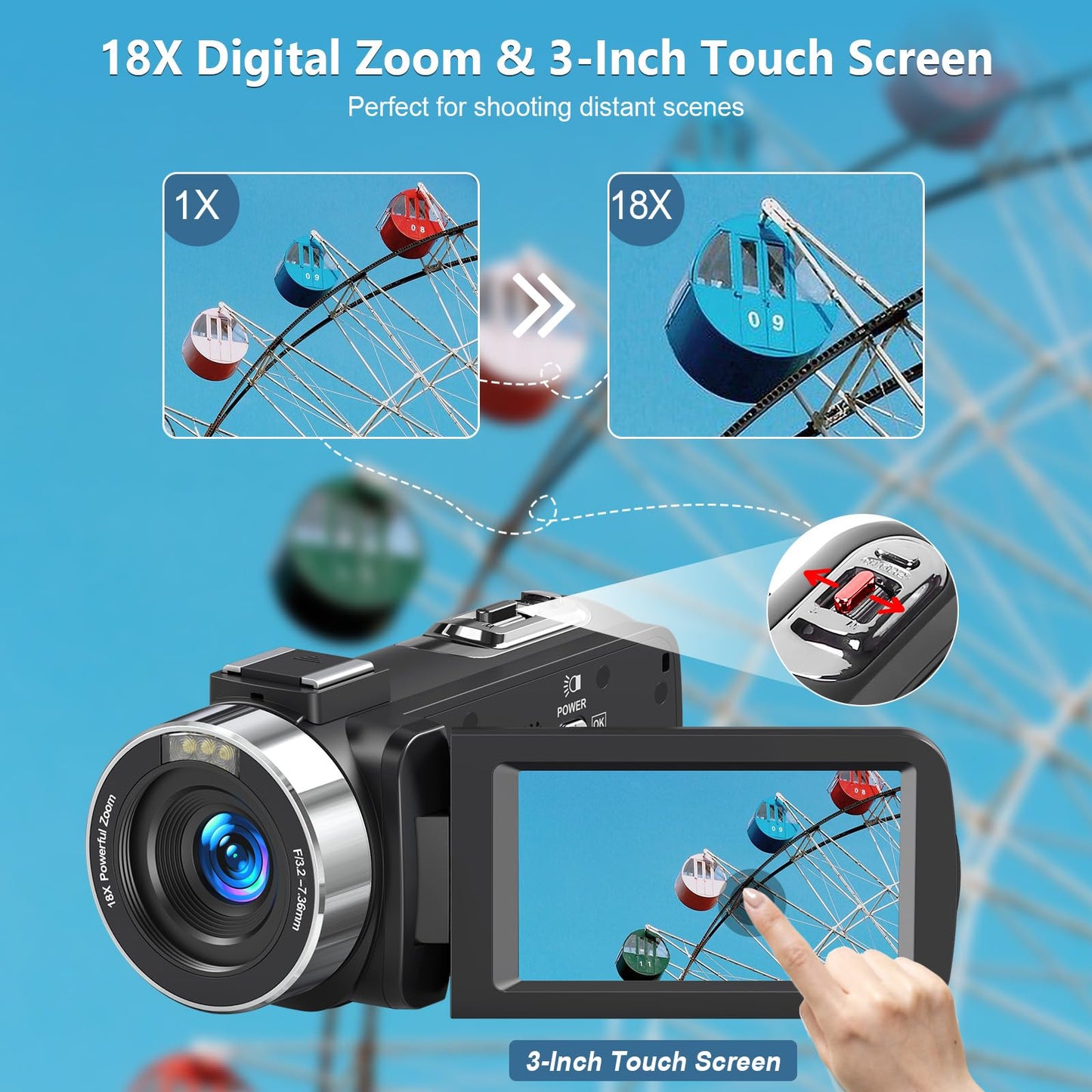 Videokamera 5K HD 64MP WiFi Camcorder für YouTube, 30FPS Webcam IR Nachtsicht Vlogging Kamera, 18X Digitalzoom 3,0 Touchscreen Video Camera mit SD-Karte, 2 Batterien, Fernbedienung, und Stabilisator