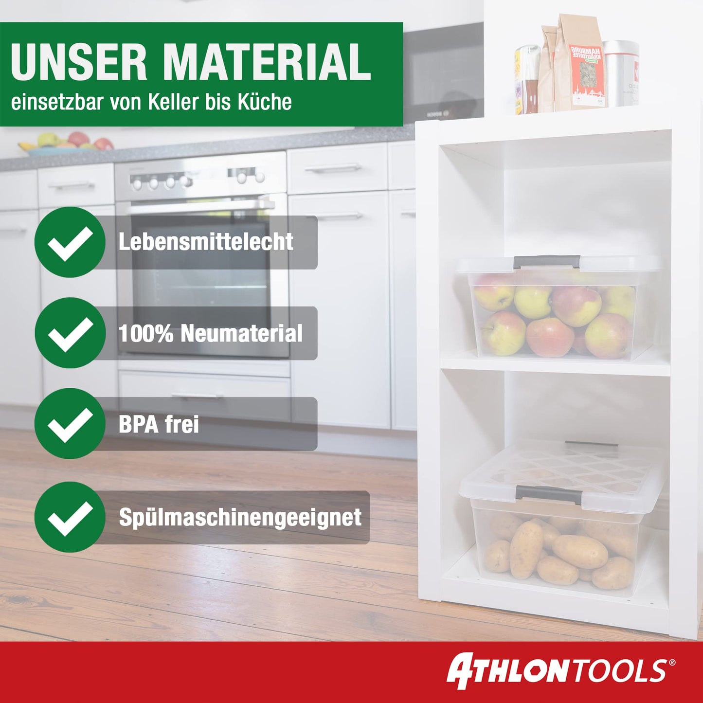 ATHLON TOOLS 4x 12.5 L Aufbewahrungsboxen mit Deckel, lebensmittelecht - Verschlussclips - 100% Neumaterial Plastik-Box transparent - Kleiderboxen stapelbar…