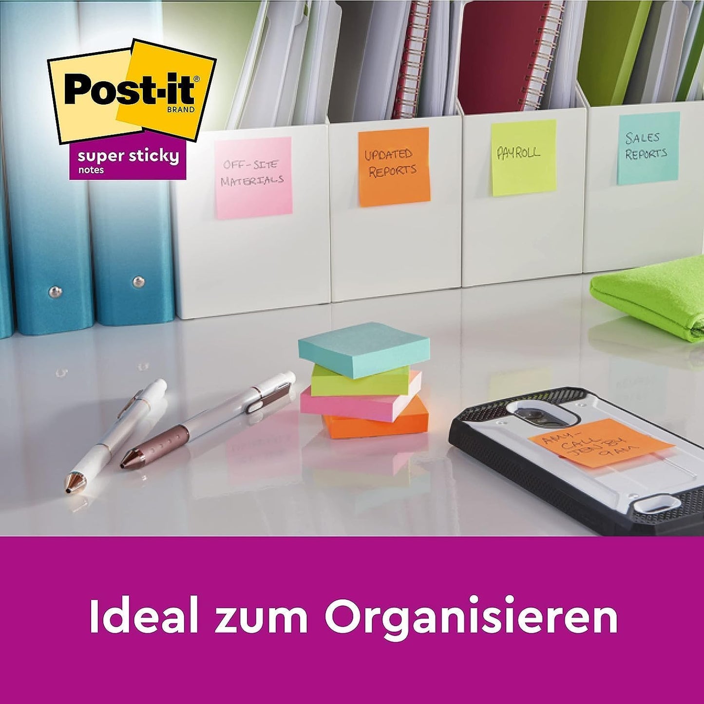 Post-it Super Sticky Notes Carnival Collection, Packung mit 6 Blöcken, 90 Blatt pro Block, 76 x 76 mm, Gelb, Blau, Grün, Pink - Extra-stark klebende Notizzettel für To-Do-Listen und Erinnerungen