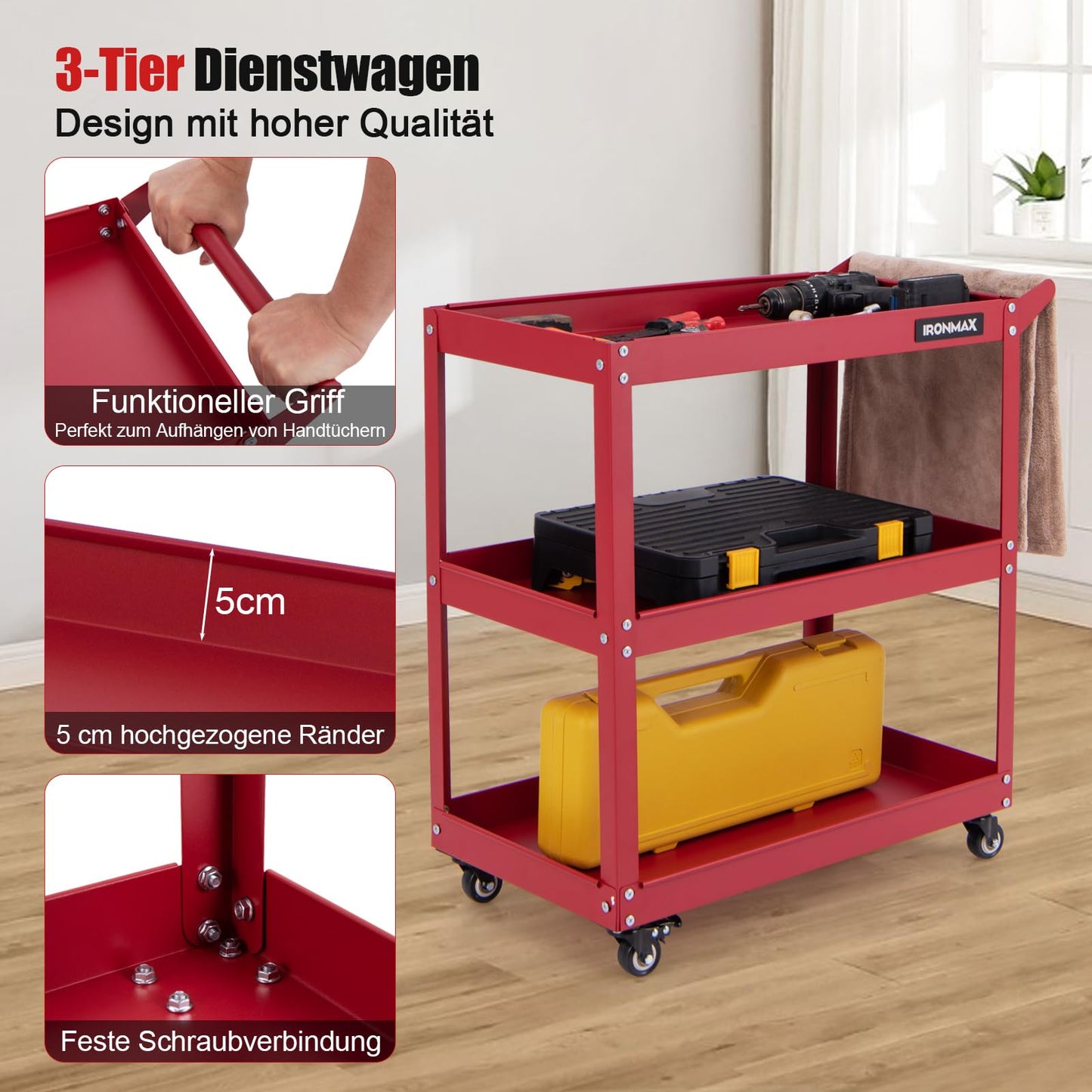 COSTWAY Werkstatt-Rollwagen mit 2 Etagen, Werkzeugwagen mit Handgriff, Werkstattwagen aus Metall, bis zu 100 kg belastbar, Montagewagen Etagenwagen für Zuhause, Garage, 85 x 41 x 79 cm (Rot)
