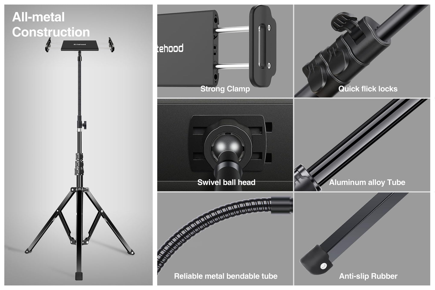 elitehood 182cm Groß Tablet Stativ Halterung, Metall Tablet Ständer Höhenverstellbar, Schwanenhals Tablet Halter Stativ für iPad Air Mini, iPad Pro 12.9, iPhone, Tablet und Smartphone mit 4.7-13 Zoll