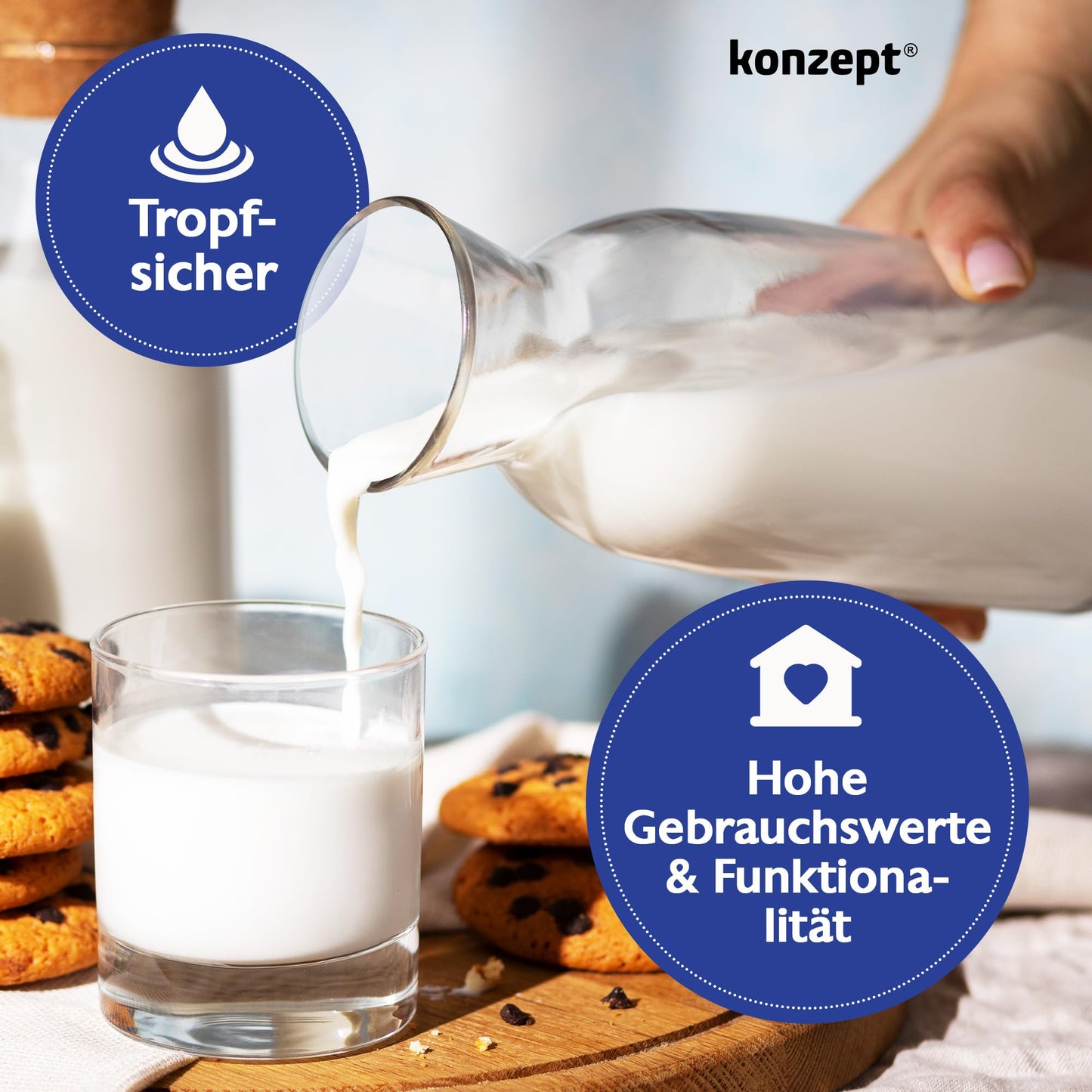 KONZEPT Wasserkaraffe ohne Deckel, Glaskaraffe 1 liter, Karaffe ideal für Wasser, Saft, Wein, Limonade, Coctails und Milch