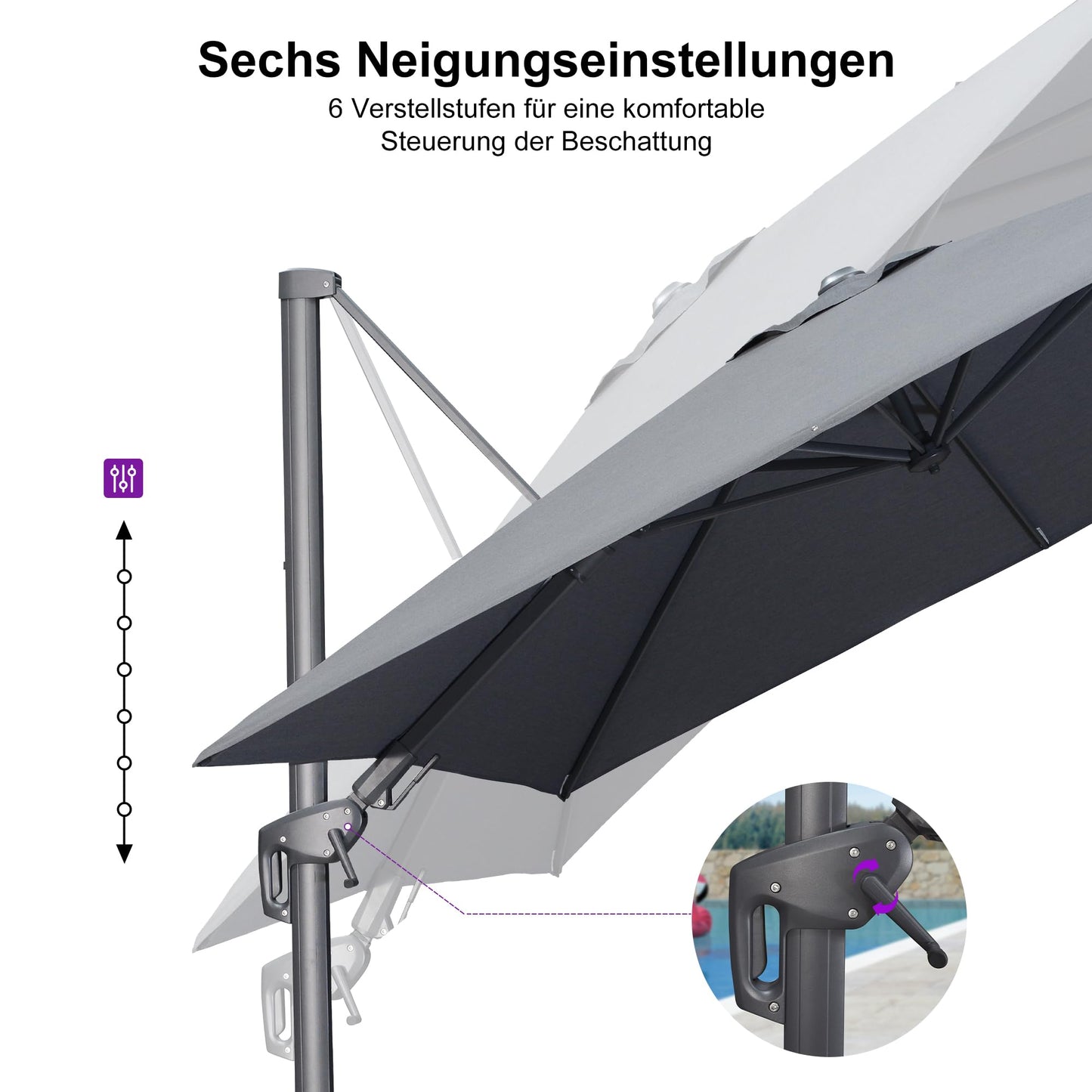 PURPLE LEAF Ampelschirm Twist 300 x 300 cm Sonnenschirm mit Strapazierfähiges Gewebe, Gartenschirm mit Kurbel, Gestell Alu, 360° Rotation, Beidseitig Axial Schwenken, UV50+, Anthrazit