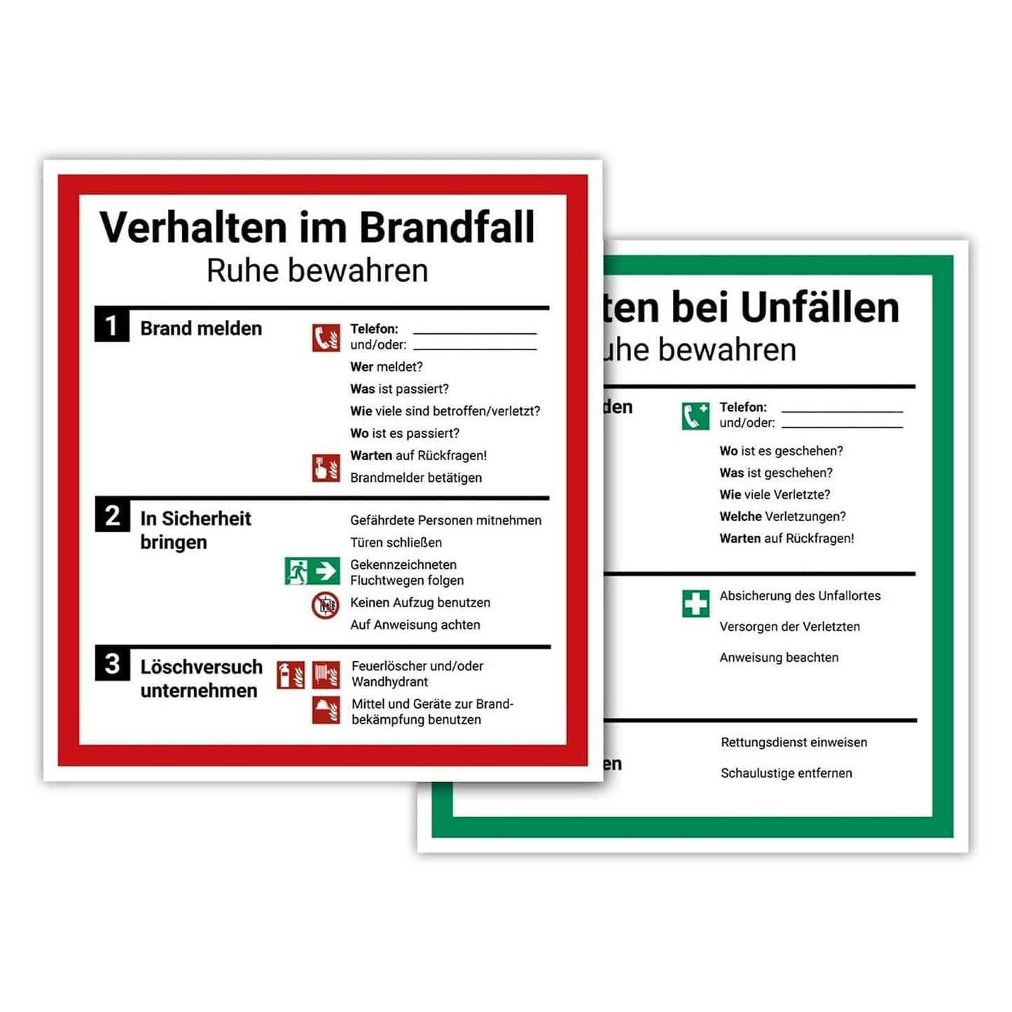 LabelDay Schilderplakat, Brandverhalten und Unfallverhalten im Set, 18 x 20 cm, mit UV-Schutz, PVC-Etikett, ISO 7010.