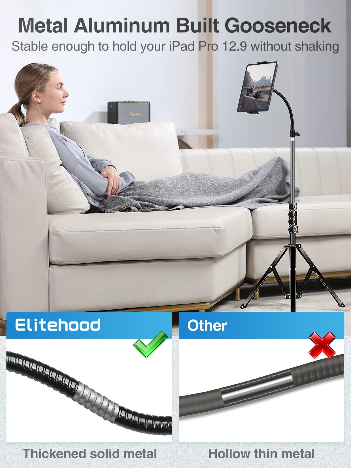 elitehood 182cm Groß Tablet Stativ Halterung, Metall Tablet Ständer Höhenverstellbar, Schwanenhals Tablet Halter Stativ für iPad Air Mini, iPad Pro 12.9, iPhone, Tablet und Smartphone mit 4.7-13 Zoll