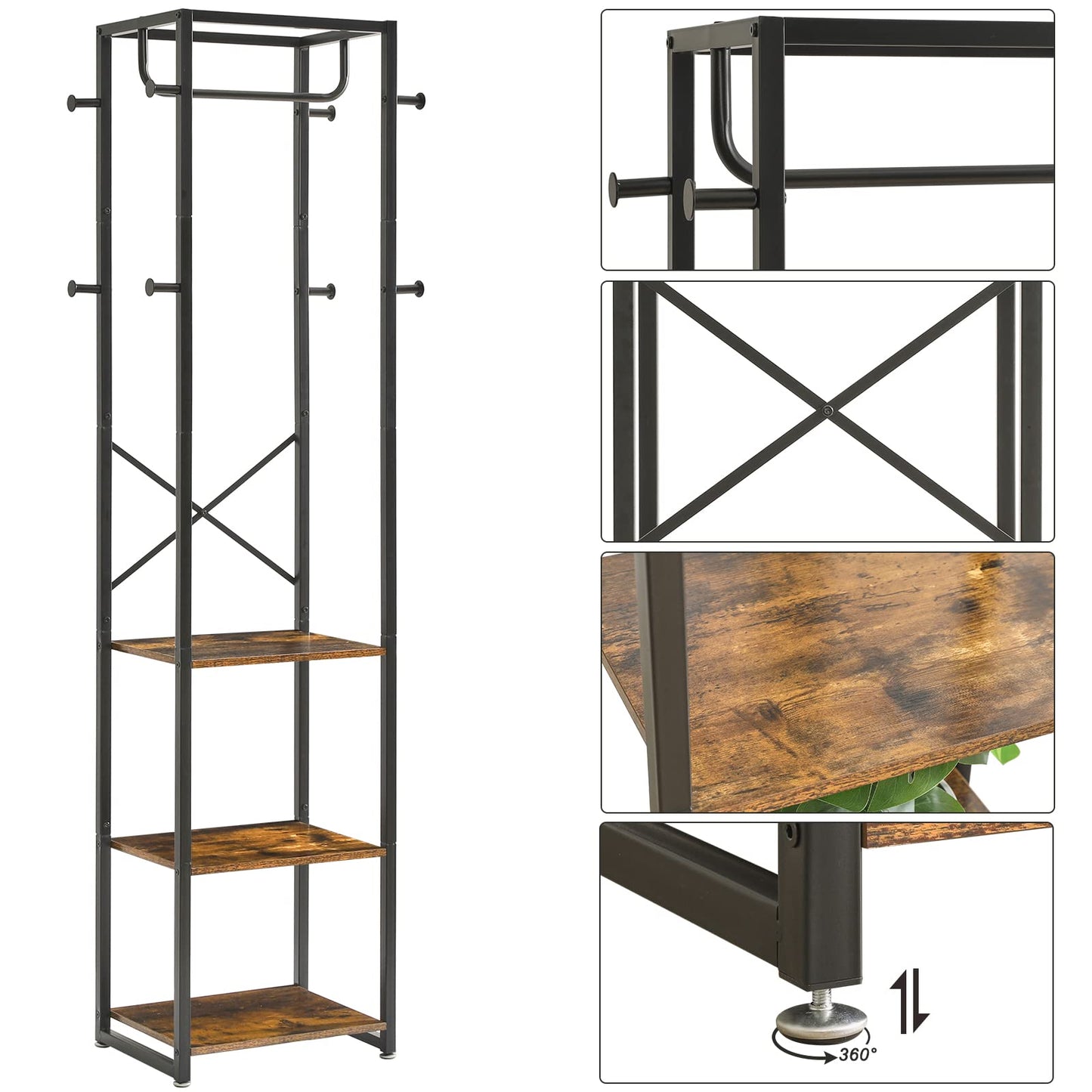 IBUYKE Garderobenständer, Kleiderständer mit 3 Ablagen und 8 Haken, Freistehende Garderobe, Industrie-Stil, für Schals, Taschen, Regenschirme und Boxen, Vintagebraun-schwarz TMJ088H