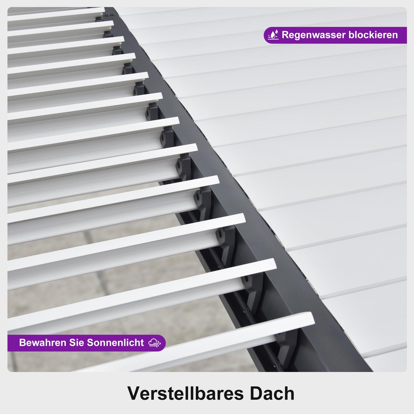 PURPLE LEAF Pergola 3.45 x 6.23 m Wasserdicht Stabil Winterfest Alu Pergola mit Lamellendach Terrassenüberdachung mit Verstellbaren Alu-Lamellen für Carport, Grauer Rahmen und Weißes Dach