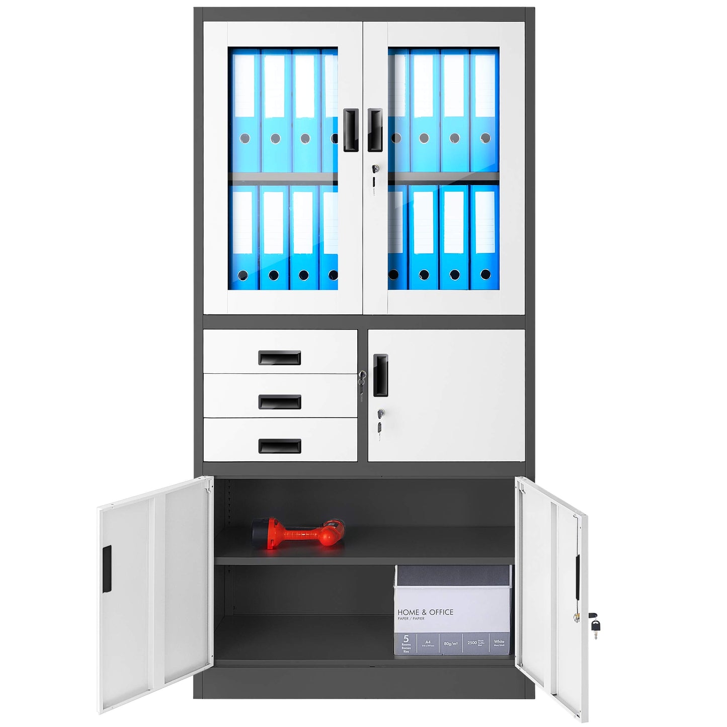 Jan Nowak Aktenschrank C018S Büroschrank Metallschrank Tresor Safe Geheimfach Flügeltüren Schubladen Pulverbeschichtung Stahlblech 185 cm x 90 cm x 40 cm (H x B x T) (Anthrazit-Weiß)