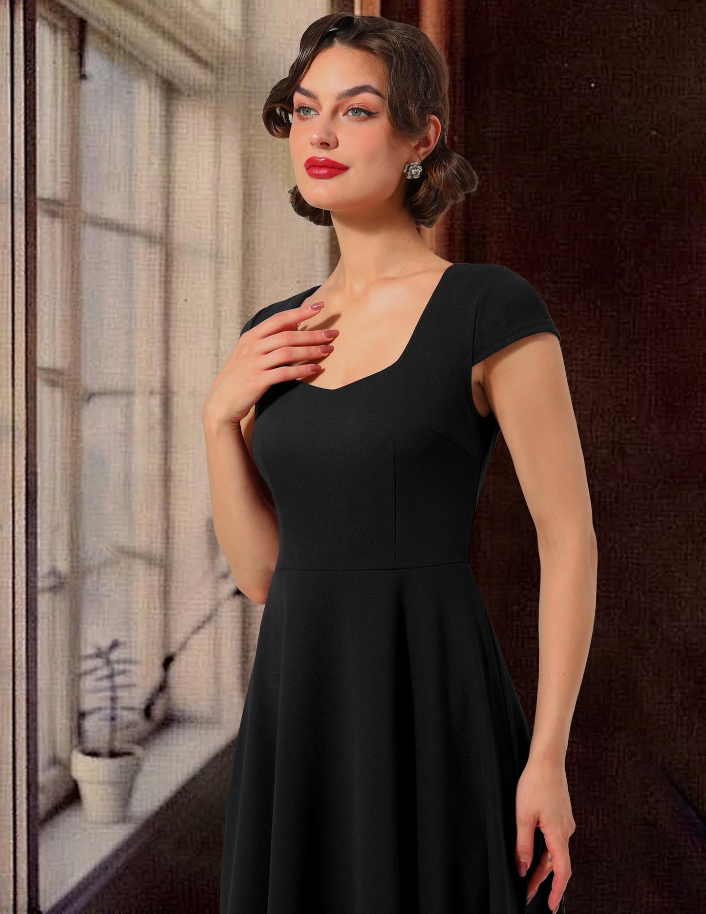 Berylove Rockabilly Kleider Cocktail Kleider für Damen Schwarzes Kleid Elegant Abendkleider Midi 8009 Black M