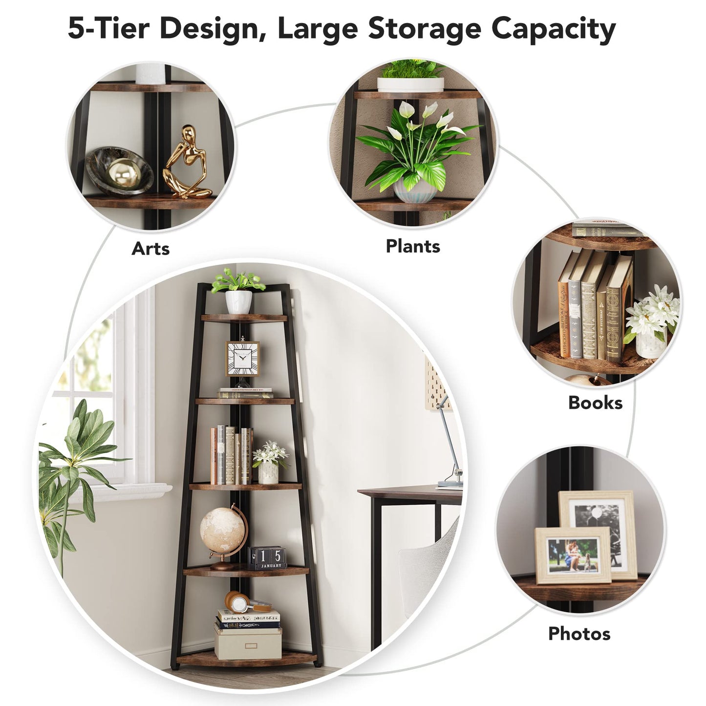 Tribesigns Eckregal 5 Etagen, 176cm hoher Bücherregal, Eckregal Stehend Mehrzweck -Eckständer Display Rack, Pflanzenständer, Eckschrank für Wohnzimmer, Küche, Heimbüro