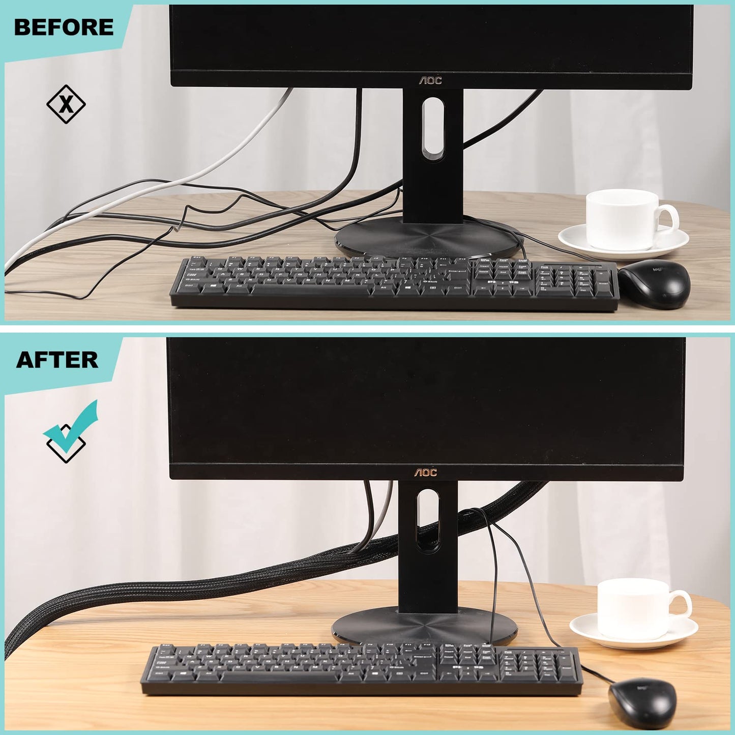 AGPTEK vergrößer Kabelkanal, Durchmesser 19-29mm, selbstschließend Kabelschlauch, gewebter Kabelmantel zuschneidbar, flexibel 2 * 1.5m, verstecken im Schreibtisch, TV, Boden (Black)