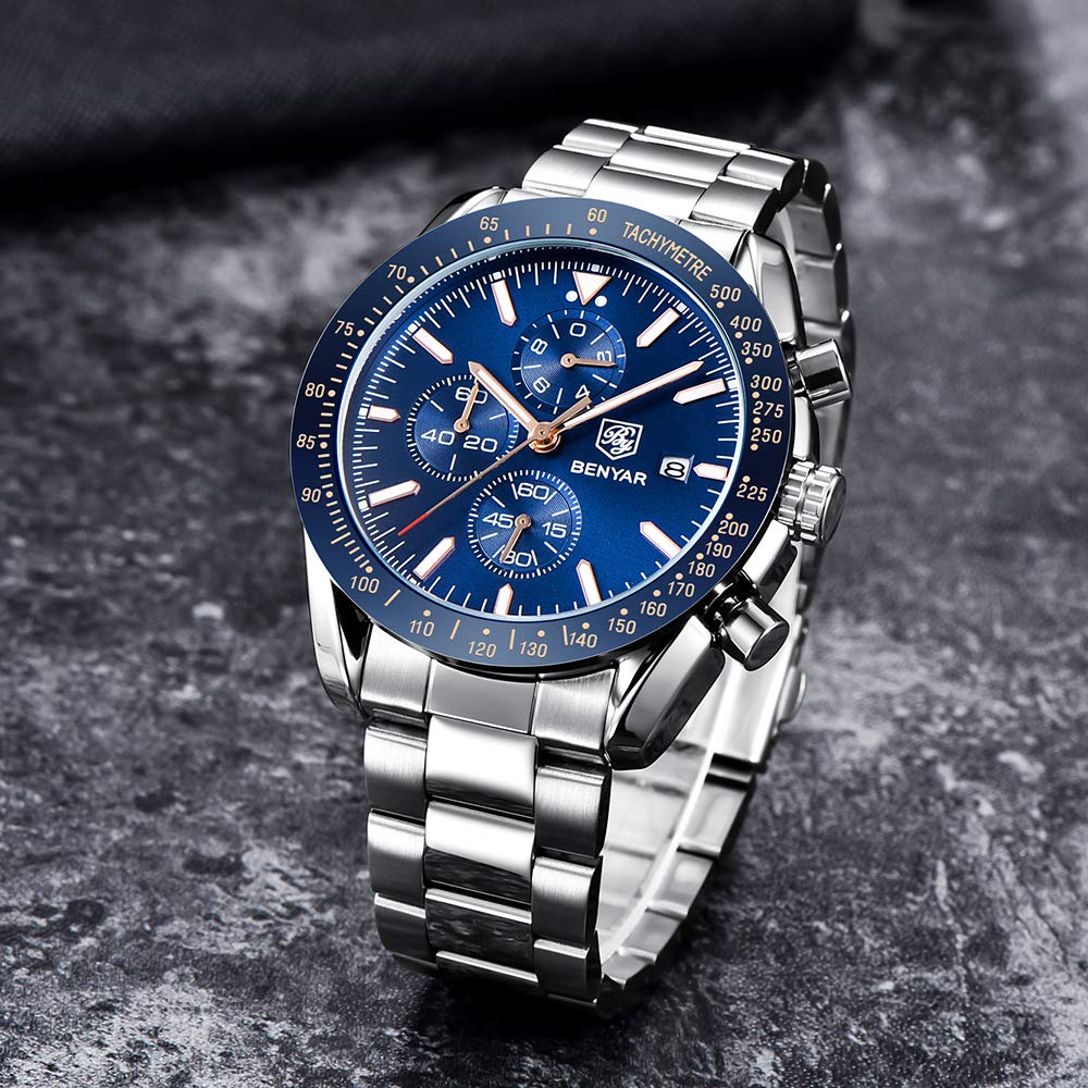 BENYAR herrenuhren Chronograph Analogue Quartz Armbanduhr für männer Lederband Herren Fashion Business Sport Design 30M wasserdicht Elegantes Geschenk für männer