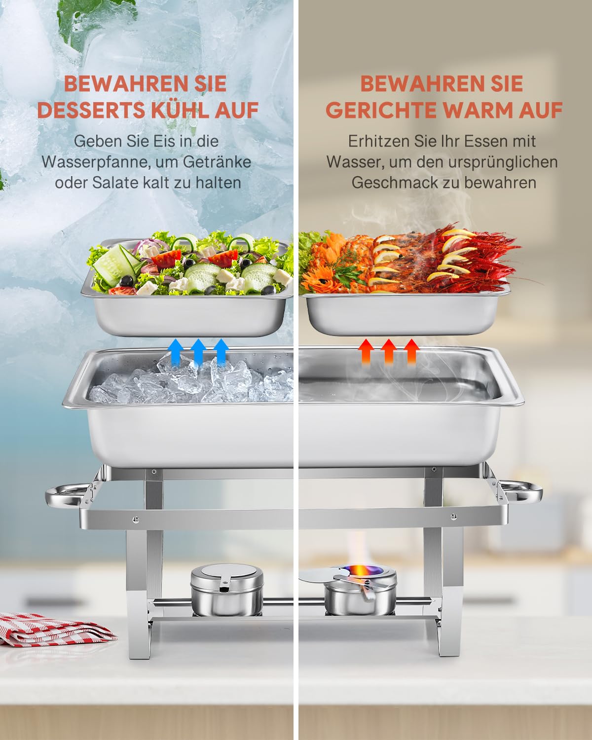 Wilprep Chafing Dish Edelstahl Buffet-Set Warmhaltebehälter Speisenwärmer Wärmebehälter Rechaud für Catering, Buffet und Party (4 Set 1/2+1/2 GN -Behälter)