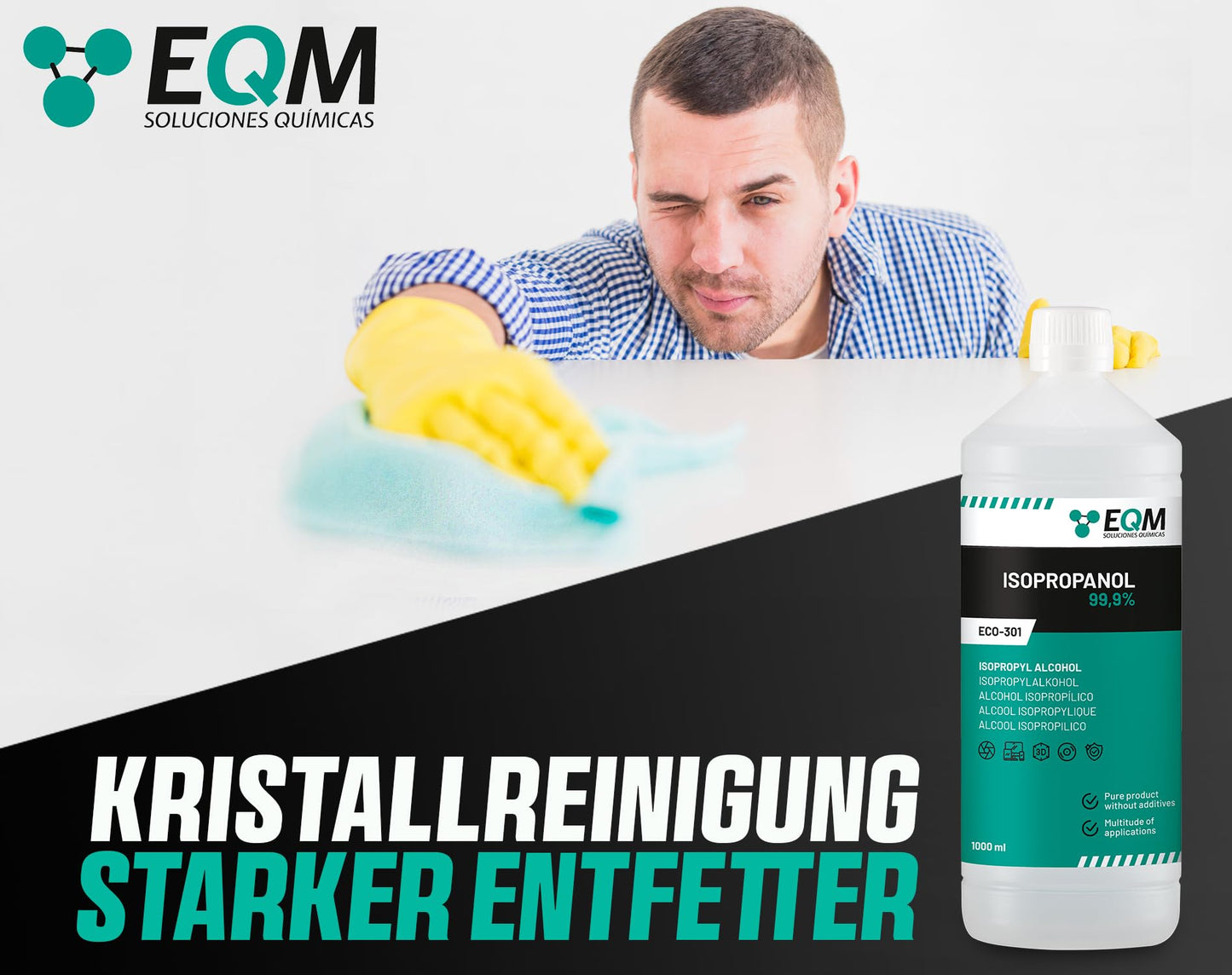 EQM - ECO-301 - Isopropanol - Isopropylalkohol 99.9% - 1L - Reinigung von elektronischen Bauteilen, Linsen und Bildschirmen - Reinigung von Harzen im 3D-Druck