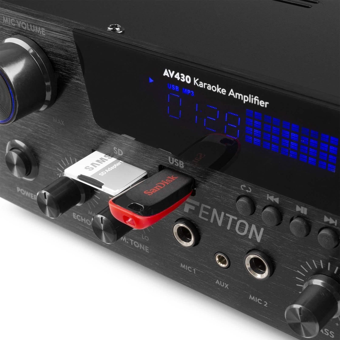 Fenton AV430B Karaoke Verstärker mit Echo, kompakter 600 Watt Bluetooth Verstärker, 2X MIC-In, 2X Cinch-In, MP3-Player, USB, SD, Stereo-HiFi-Verstärker, Amplifier inkl. Fernbedienung - Schwarz