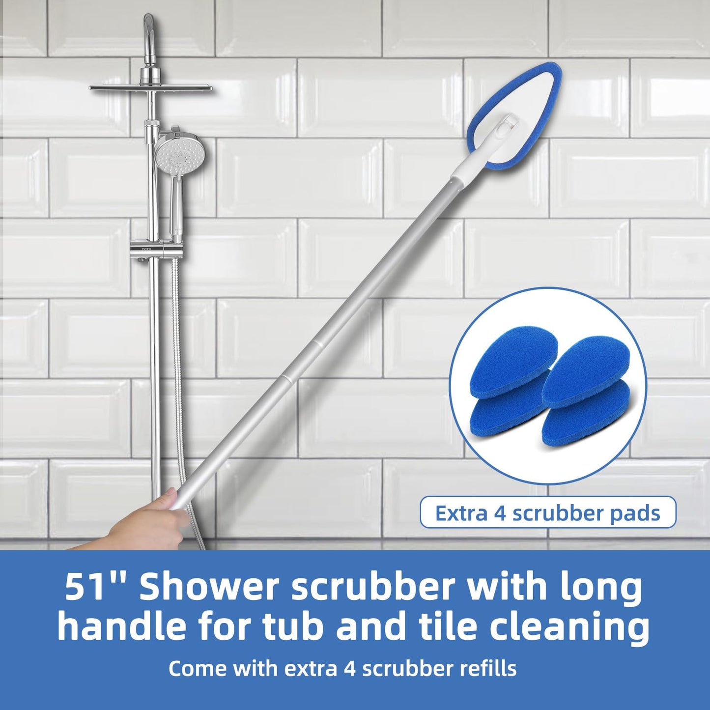 Qaestfy Reinigungsbürste Bad Dusche Schrubber mit Stiel Fliesenreiniger 5 Kratzfeste Pads Badreiniger mit 130cm Stiel für Duschwand Badewanne Badezimmer Wand Boden