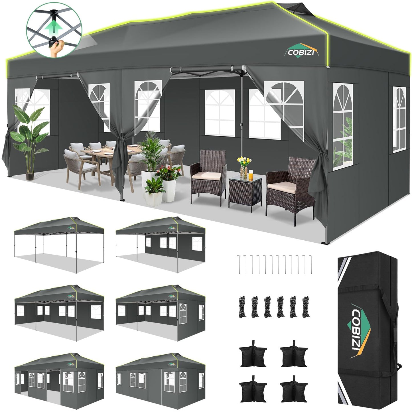 COBIZI Faltpavillon 3x6 Pop up pavillon wasserdicht stabil Winterfest faltbar partyzelt mit 6 Seitenwänden UV-Schutz Gartenpavillon mit Reflexstreifen & Lüftungsöffnung für Hochzeiten, Grau