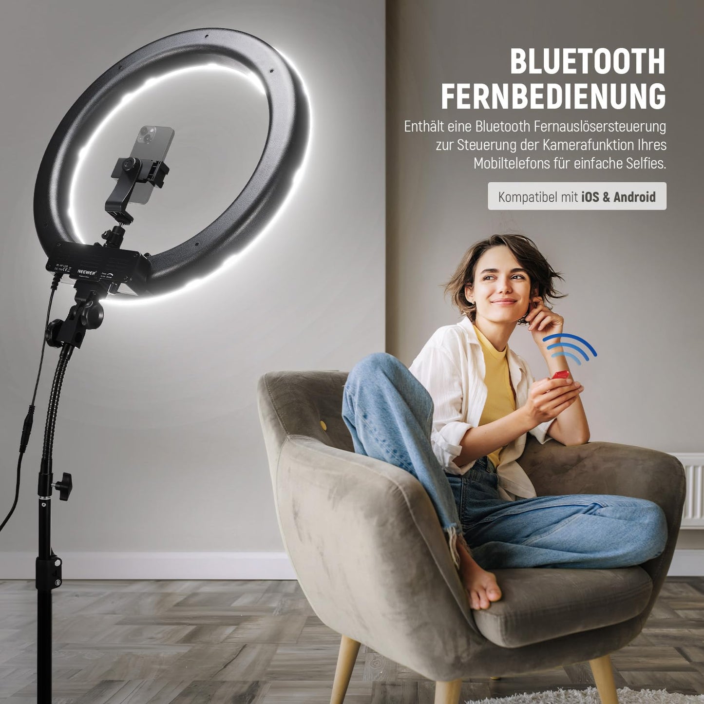NEEWER Ringlicht mit Stativ Set: 18 Zoll/45cm Außen 55W 5600K Dimmbare LED Ringleuchte mit Bluetooth Fernbedienung für Handy/Kamera für YouTube TikTok Self Porträt Foto, Tätowierer, Make up, Salons