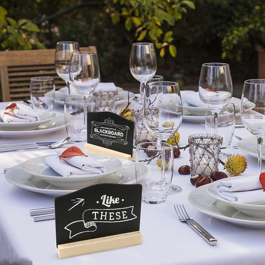 DONQL 12Stück Mini Kreidetafel mit Ständer, Kleine Tafel Holzschilder zum Beschriften, Mini Tafel Set,Tischkarten Preisschilder Platzkarten Kreidetafel Aufsteller für Hochzeit,Geburtstag usw. (Wellig)