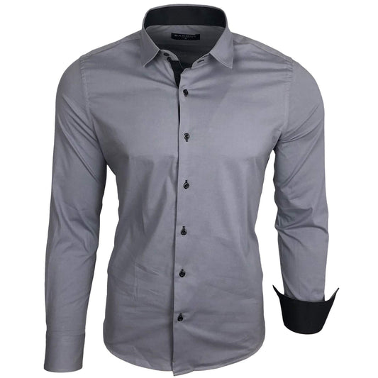 Baxboy Herren-Hemd Langarm/Business Freizeit Hochzeit/Bügelleicht/Slim-Fit/Anzug Kentkragen Hemd B-500, Farbe:Grau, Größen:M