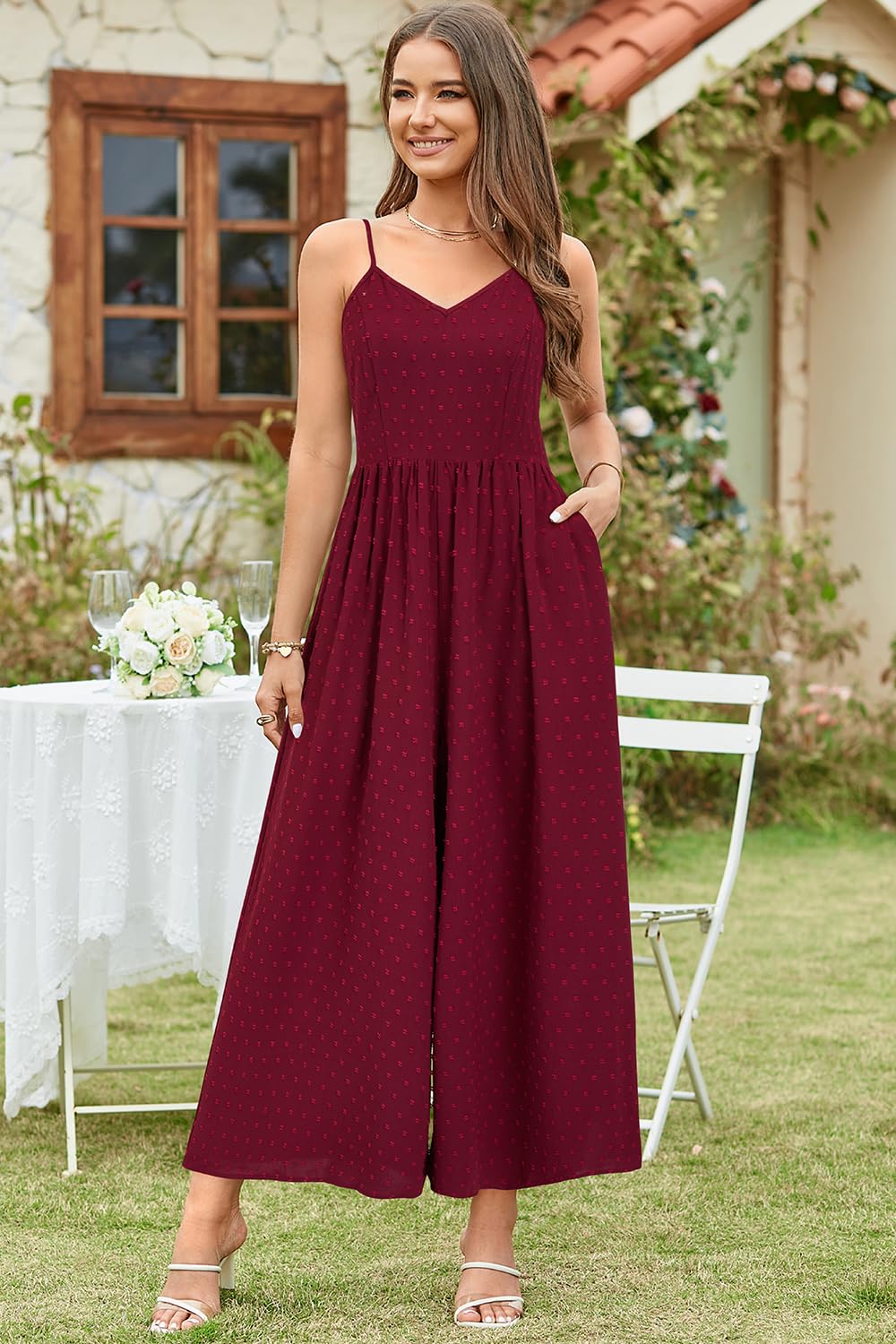 LAISHEN Jumpsuit Damen Sommer Overall Elegant Festlich Hochzeit Lang Hosenanzug Weites Bein Hose Playsuit mit Taschen (Wine, M)