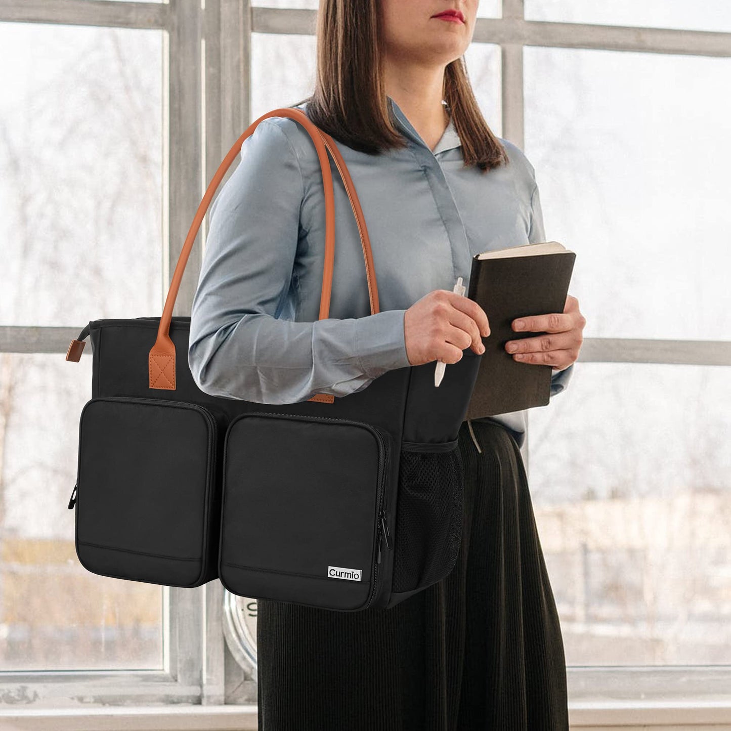 CURMIO Lehrertasche, Tragbare Aktentaschen mit Gepolsterte Laptop Fach, Lehrer-Arbeitstasche für Frauen, Ideal für Lehrer, Pädagogen, Schwarz (LEERE TASCHE)