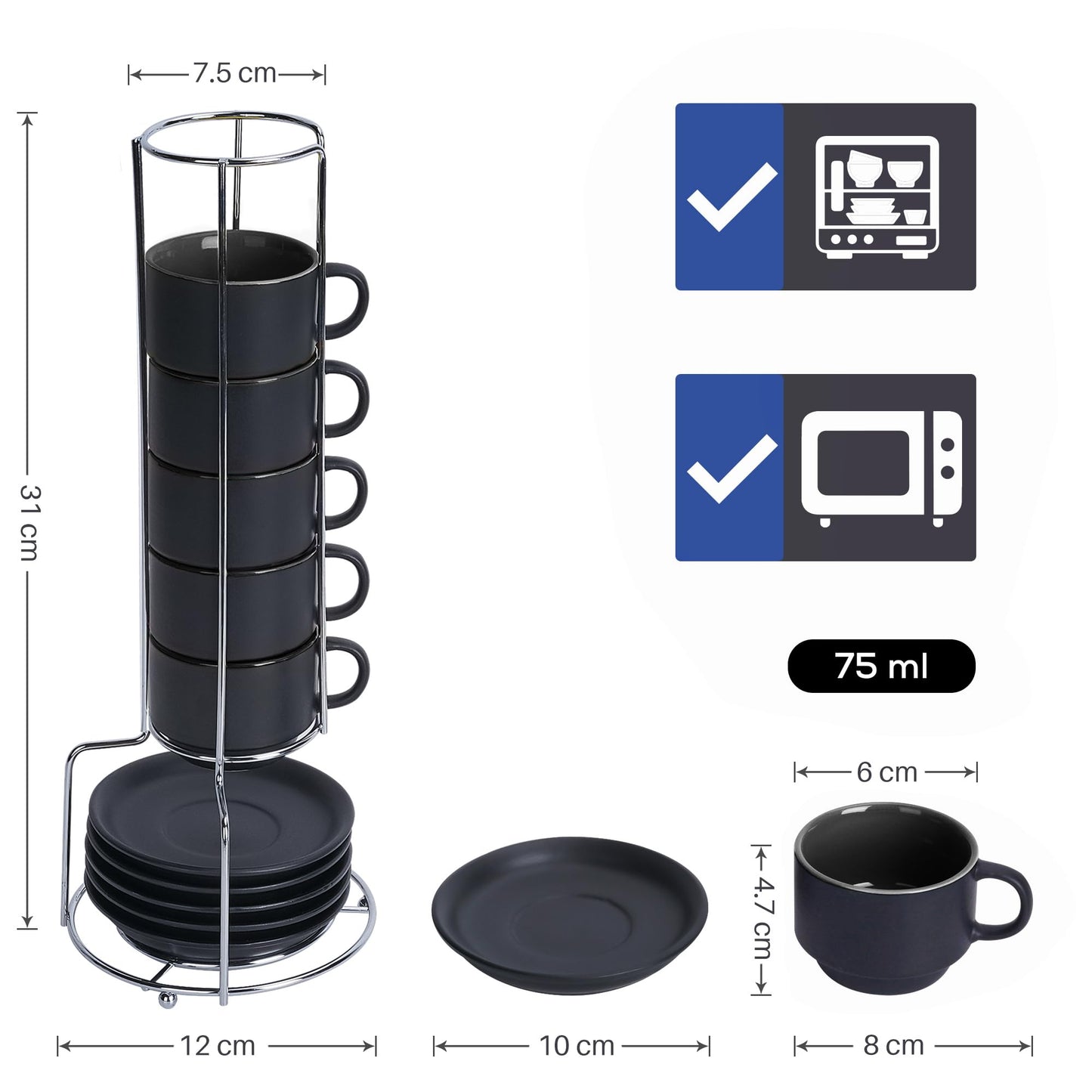 MIAMIO - 6 x 75 ml Espressotassen Set/Espresso Tassen Set mit Untertasse & Ständer - Kaffeetassen Set 6er Kaffeebecher Keramik - Le Papillon Kollektion (Schwarz)