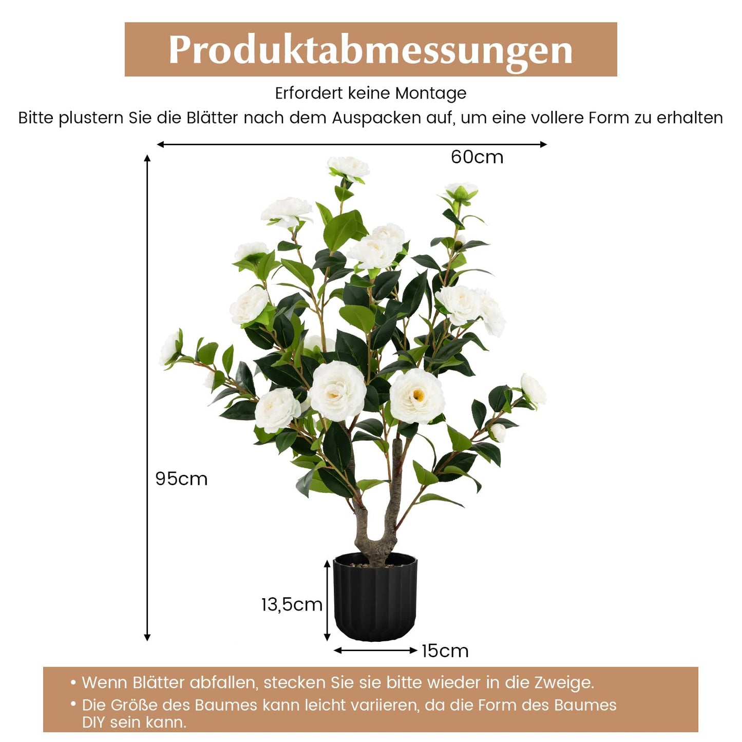 COSTWAY 2er Set Kunstbaum mit Blüten 95cm, Künstlicher Kamelienbaum, Kunstpflanze im Topf, Kamelienpflanze mit 24 Blüten & natürlicher Stamm, Kunstblume Zuhause, Zimmerpflanze Dekopflanze (2, Weiß)