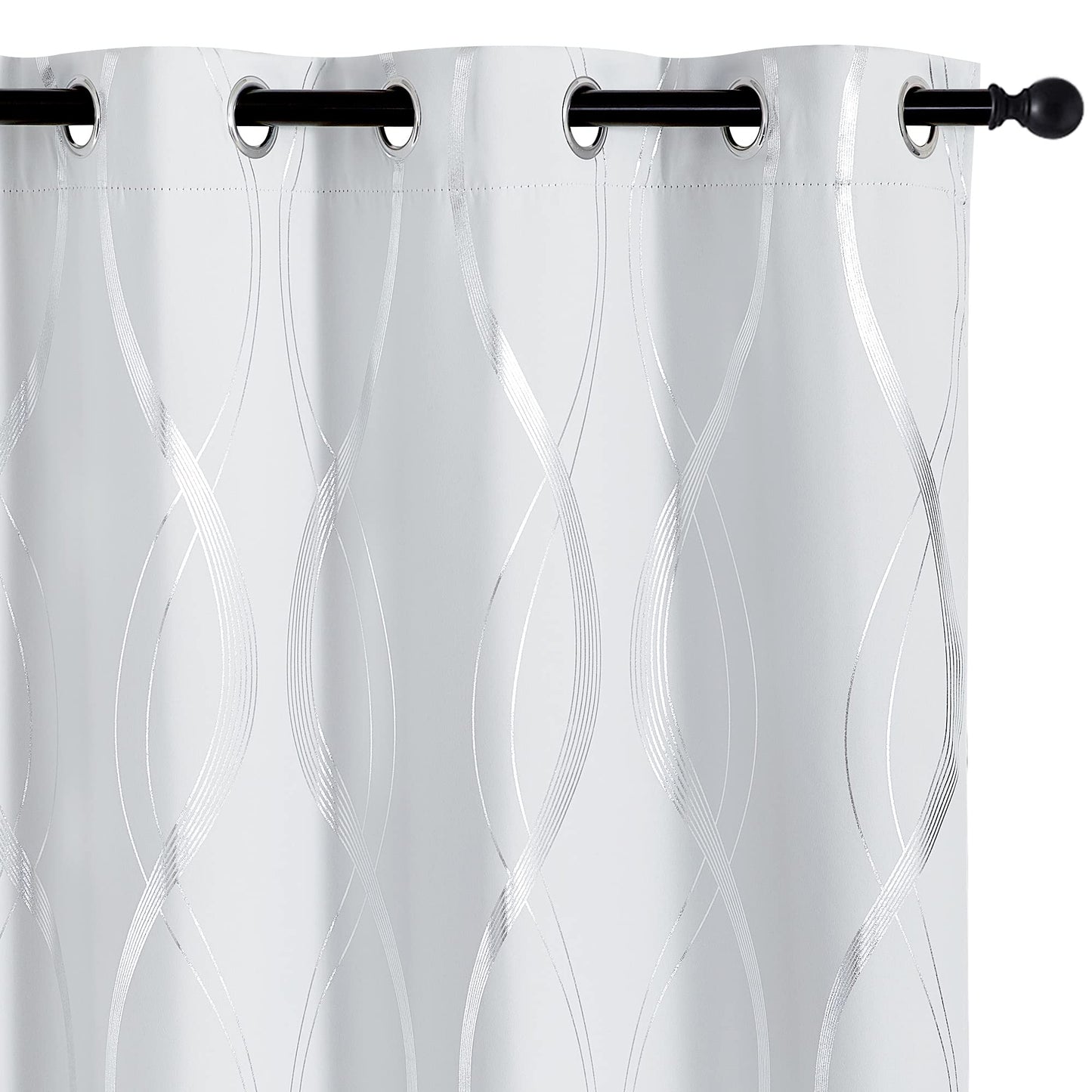 PONY DANCE Weißer Vorhang mit Linien-Foliendruck Gardinen Wohnzimmer Modern 2er Set H 245 x B 140 cm Verdunklungsvorhänge Ösen Thermogardine Wärmeisolierend, Grau-weiß