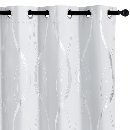 PONY DANCE Weißer Vorhang mit Linien-Foliendruck Gardinen Wohnzimmer Modern 2er Set H 245 x B 140 cm Verdunklungsvorhänge Ösen Thermogardine Wärmeisolierend, Grau-weiß