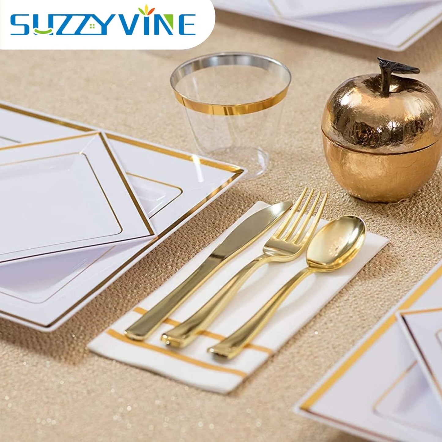 SUZZYVINE Goldene Einweg-Servietten mit integrierter Bestecktasche, Stoffähnliche Lunch-Servietten für Hochzeit, Party, Leinen-Gefühl, 50 Stück, 40,6 x 40,6 cm