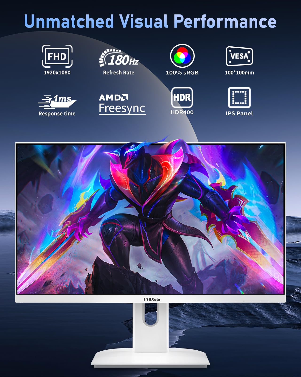 FYHXele Gaming Monitor White 27 Zoll 1080P 180hz FHD (1920X1080) IPS 1ms MPRT 16:9 Weiß PC Monitor Eingebaute Lautsprecher Unterstützung 144hz/165hz/180hz AMD Freesync Premium DP1.2 HDMI1.4 VESA