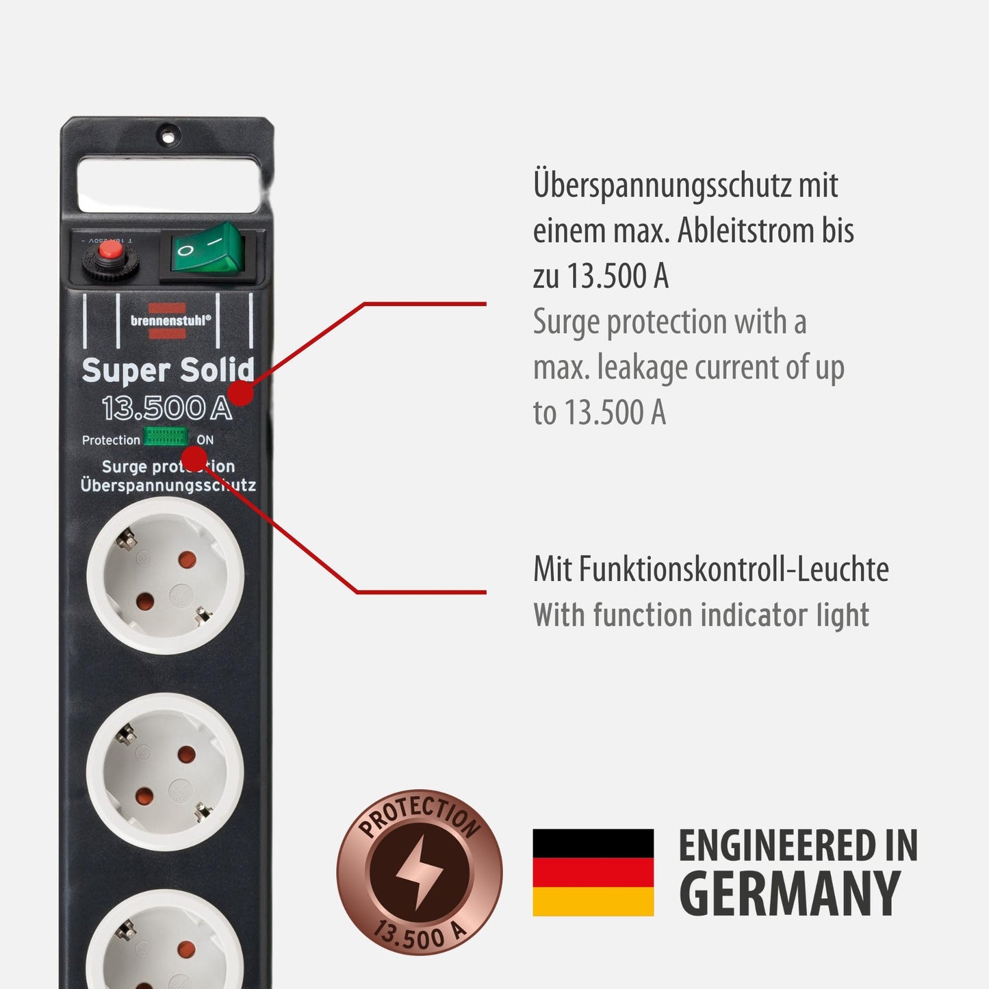 Brennenstuhl Super-Solid, Steckdosenleiste 8-Fach mit Überspannungsschutz (Steckerleiste mit 2,5m Kabel und Schalter, Mehrfachsteckdose aus bruchfestem Polycarbonat) schwarz/grau