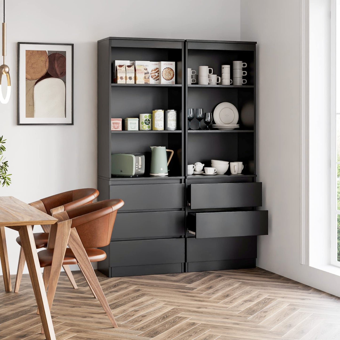 FirFurd Bücherregal mit 3 Schubladen 3 Fächern, 180 cm Hochschrank, Küchenschrank aus Holz, Mehrzweckschrank für Wohnzimmer Büro Küche, Schwarz