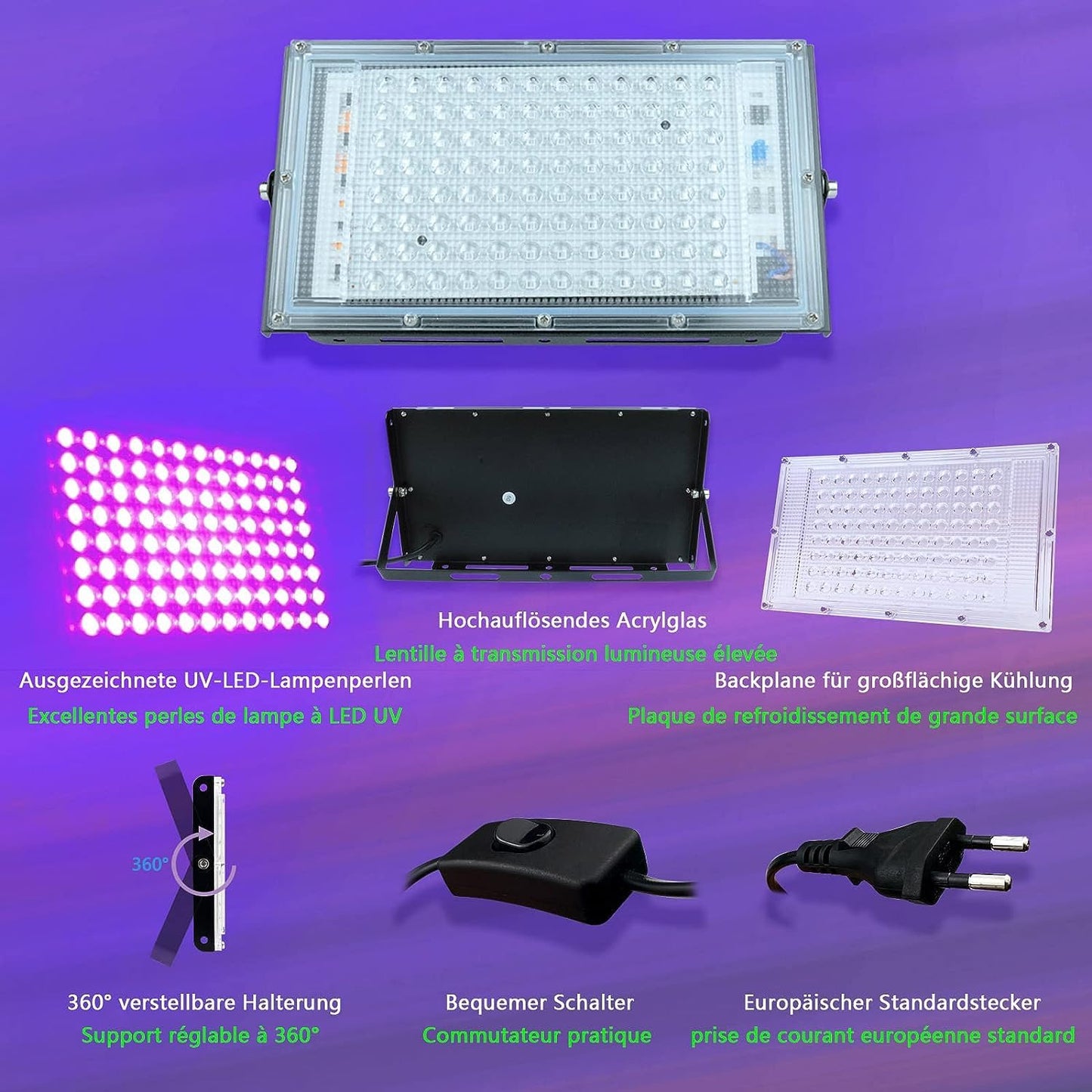 Glostars 100W LED UV Schwarzlicht Strahler, Schwarzlichtlampe, IP66 Wasserdicht, 395-400nm UV Partylicht mit Schalter für Bar, Partyzubehör, Schwarzlicht Deko, Bühnenbeleuchtung (1 Packung