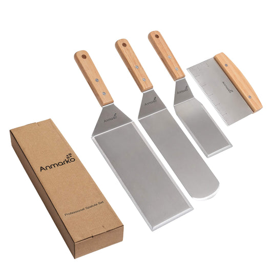 Edelstahl Metall Pfannenwender Set - Grillschaber Flachspachtel Pfannkuchen Flipper Hamburger Pfannenwender - Metall Utensil ideal für BBQ Grill flache Oberseite Gusseisengrill - Zubehör