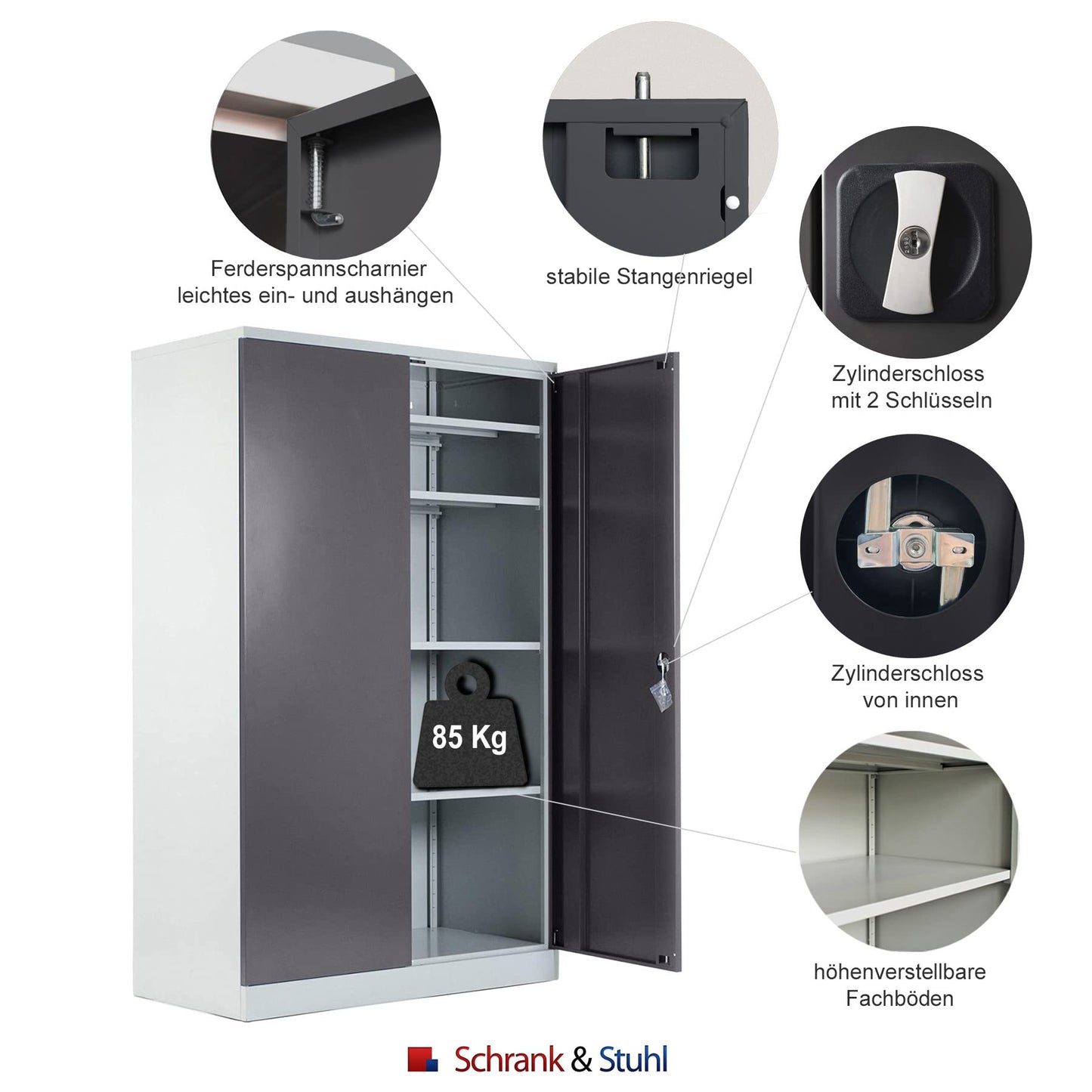 Schrank & Stuhl Werkzeugschrank Koloss – Werkstattschrank mit 4 höhenverstellbaren Fachböden, Stahlschrank für Werkzeuge, 195 x 120 x 60 cm (H x B x T), Grau/Anthrazit